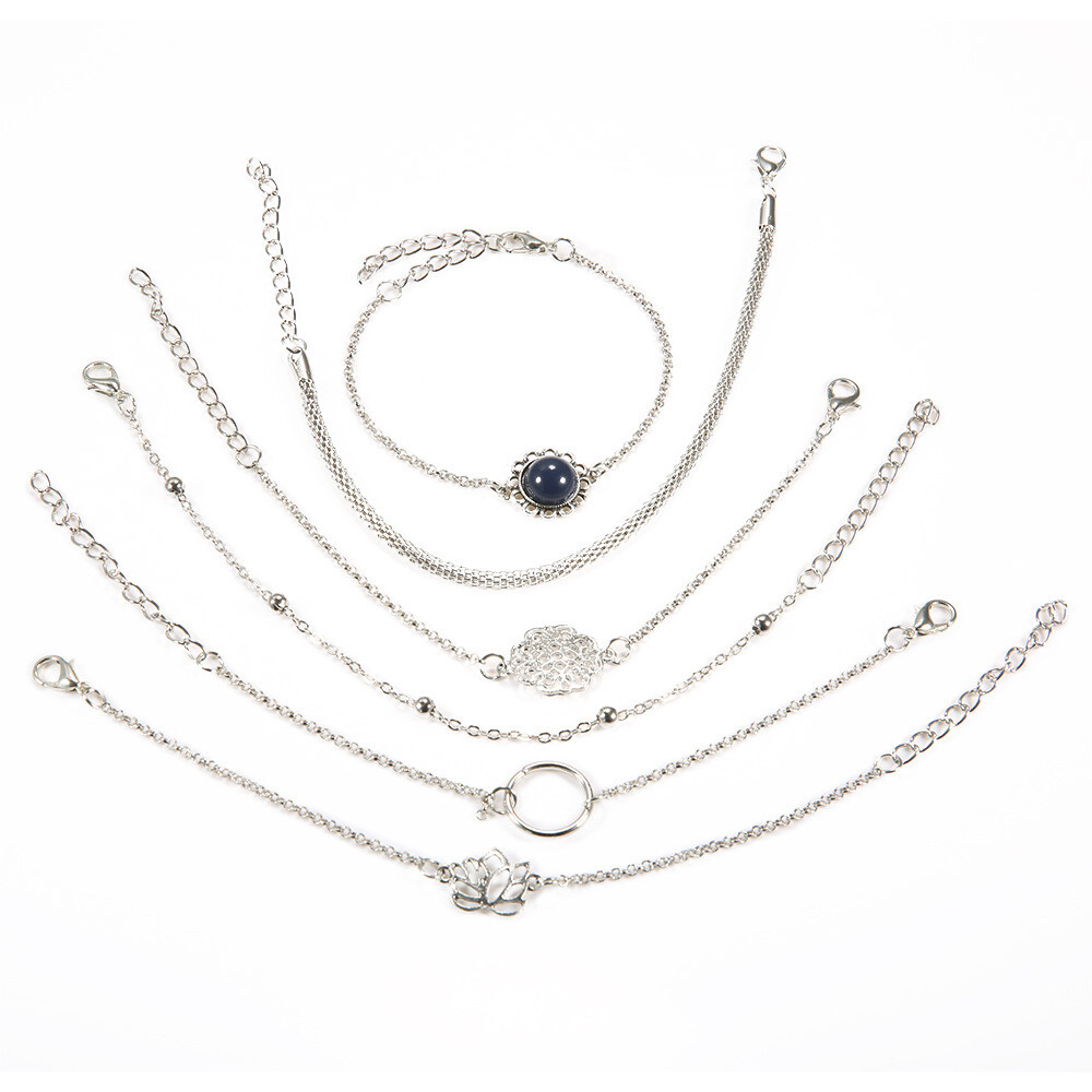 Simple Lotus Leaf Round Stone Flower Piece Bead Chain Trendy Fashion Bracelet Set