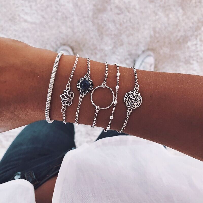 Simple Lotus Leaf Round Stone Flower Piece Bead Chain Trendy Fashion Bracelet Set