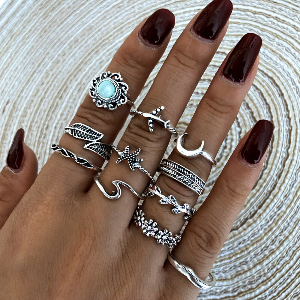 Moon Plane Jeweled 11-Piece Combination Joint Set Ring