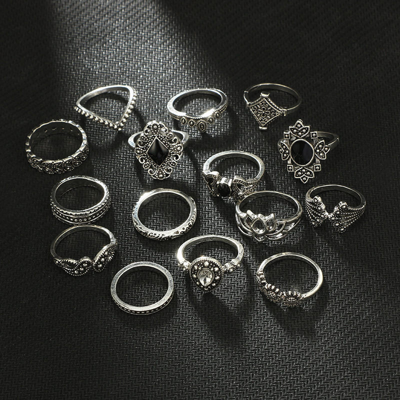 15 Pcs/set Bohemian Retro Crystal Flower Leaves Hollow Lotus Gem Silver Ring set