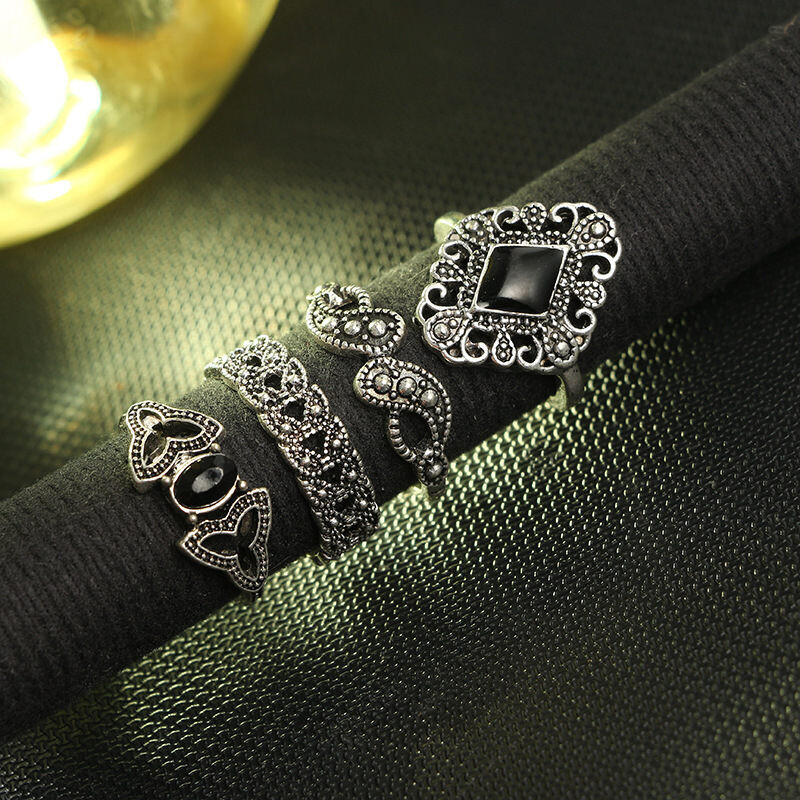 15 Pcs/set Bohemian Retro Crystal Flower Leaves Hollow Lotus Gem Silver Ring set
