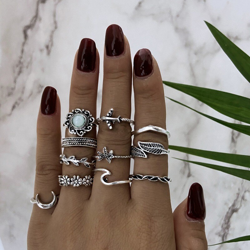 Moon Plane Jeweled 11-Piece Combination Joint Set Ring