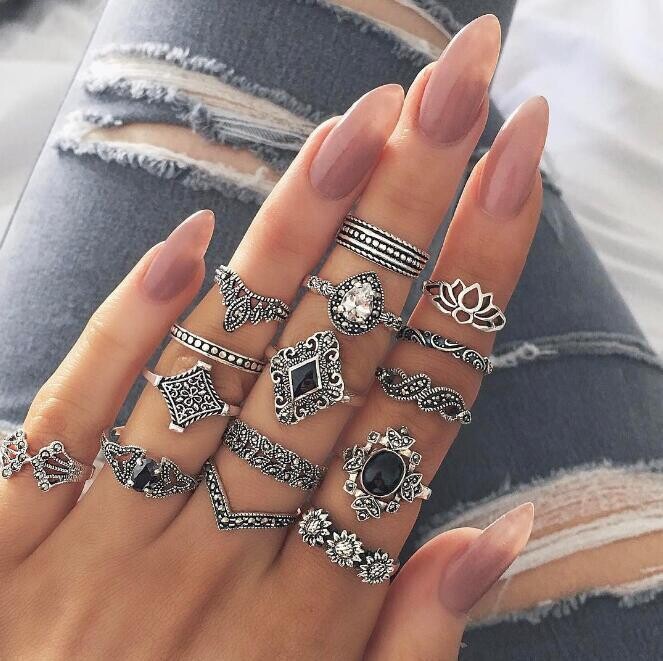 15 Pcs/set Bohemian Retro Crystal Flower Leaves Hollow Lotus Gem Silver Ring set