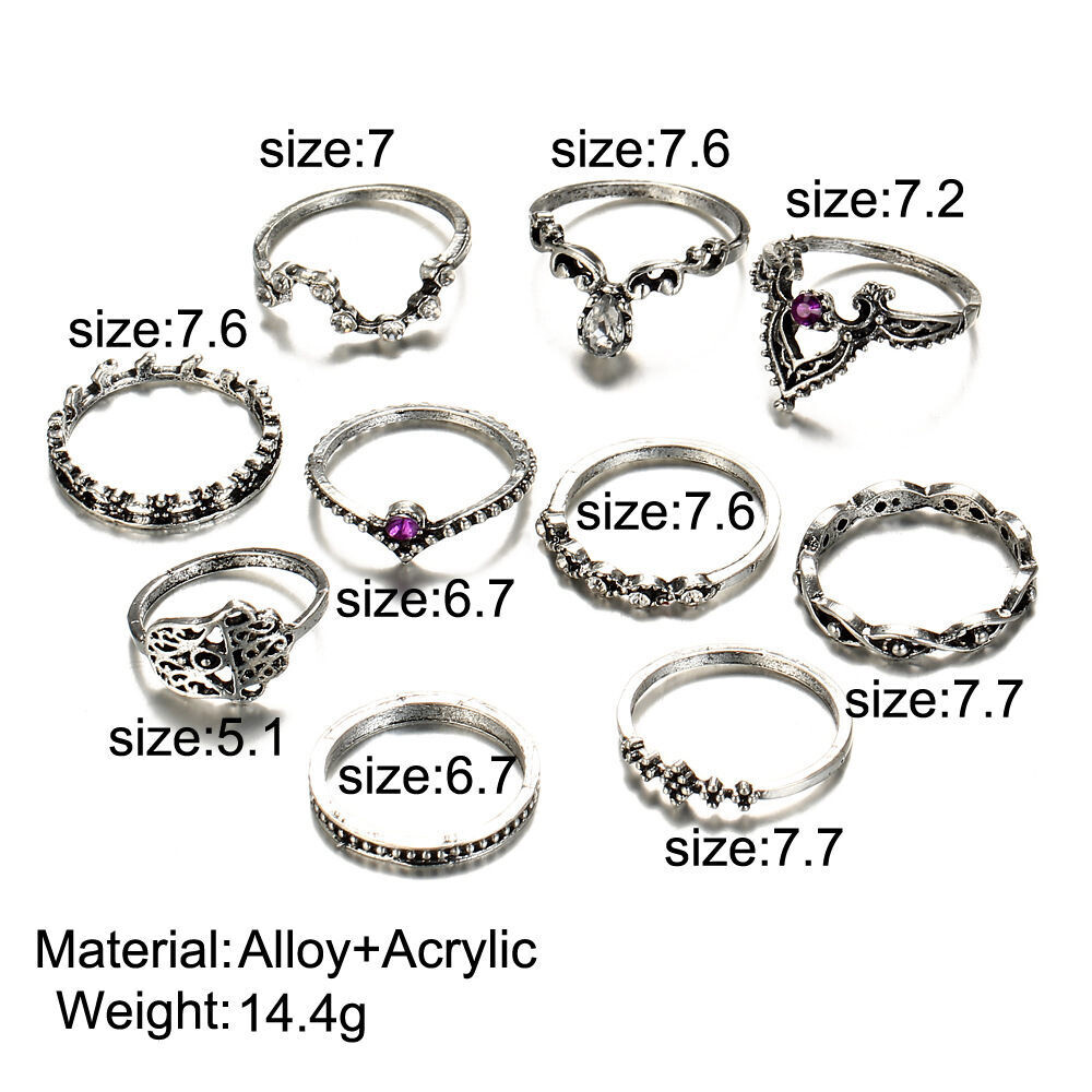 Purple Diamond Gem Hollow Twist Palm Crown Joint Combination 10-Piece Ring Set