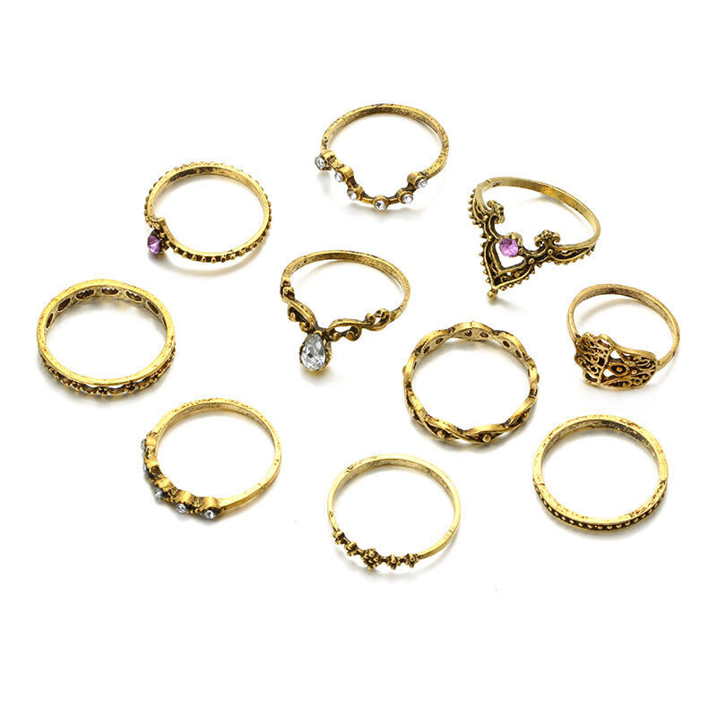 Purple Diamond Gem Hollow Twist Palm Crown Joint Combination 10-Piece Ring Set