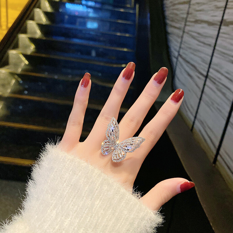 Full Diamond Butterfly Open Ring Hollow Gemstone Exaggerated Ring Fashion Jewelry