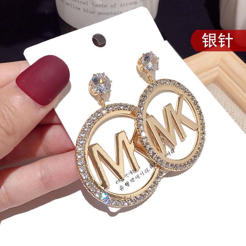 letter earrings oversized zircon texture metal fairy silver needle earrings