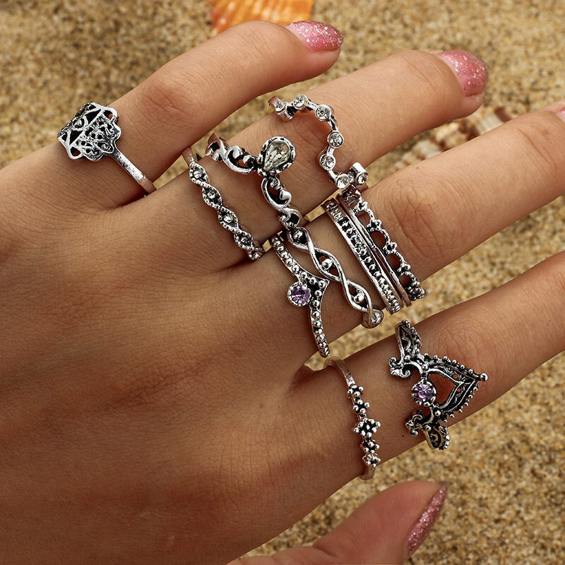Purple Diamond Gem Hollow Twist Palm Crown Joint Combination 10-Piece Ring Set