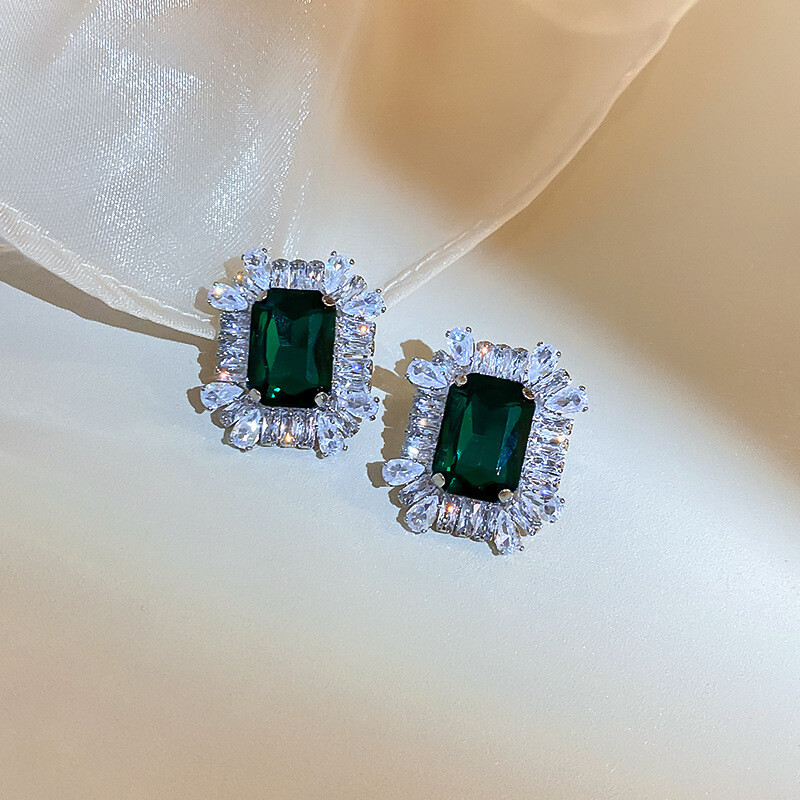 925 Silver Post Vintage Geometric Emerald Earrings Collection, Color: 14#silver needle-silver