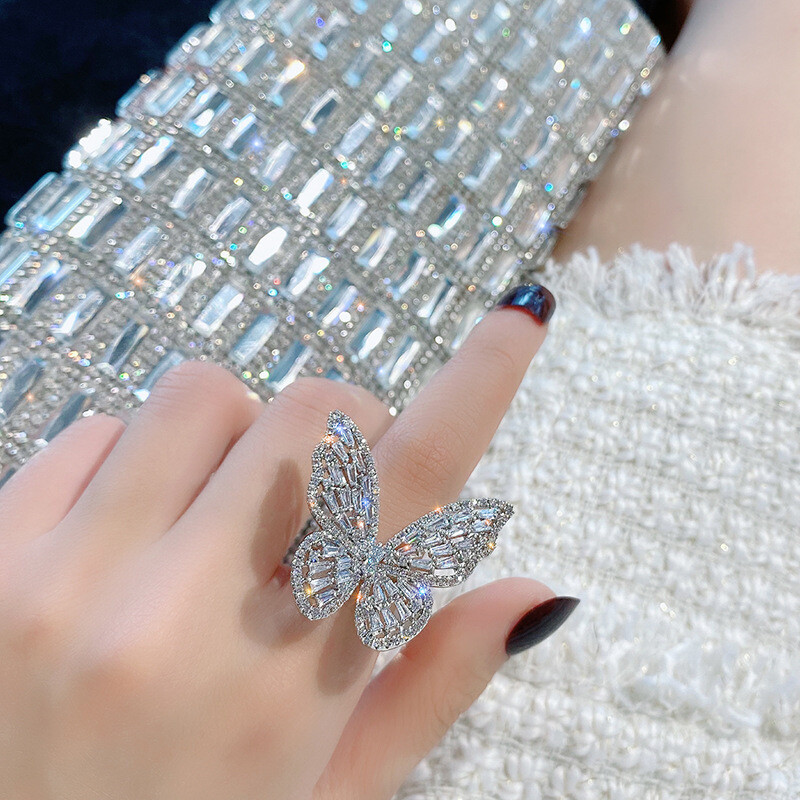 Full Diamond Butterfly Open Ring Hollow Gemstone Exaggerated Ring Fashion Jewelry