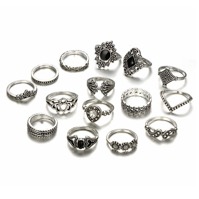 15 Pcs/set Bohemian Retro Crystal Flower Leaves Hollow Lotus Gem Silver Ring set
