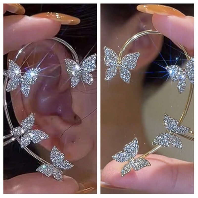 Butterfly crystal one piece earrings, Color: Silver pair