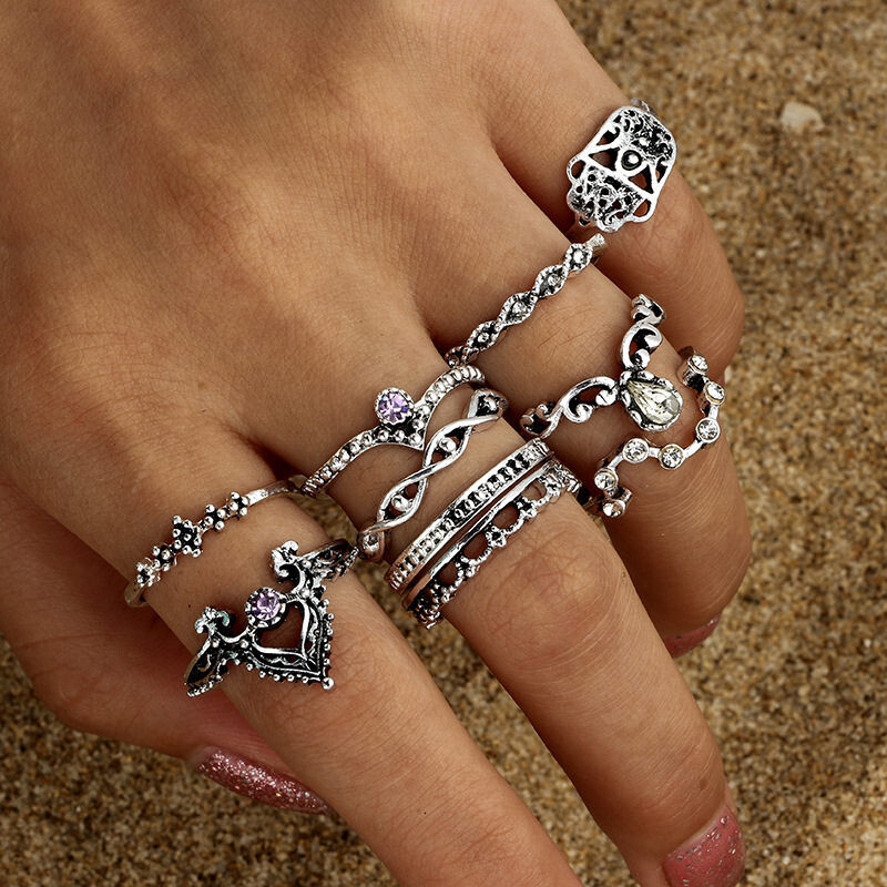 Purple Diamond Gem Hollow Twist Palm Crown Joint Combination 10-Piece Ring Set