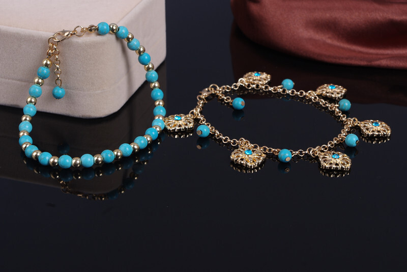 Turquoise Beaded Diamond Flower Plate Tassel Combination Anklet