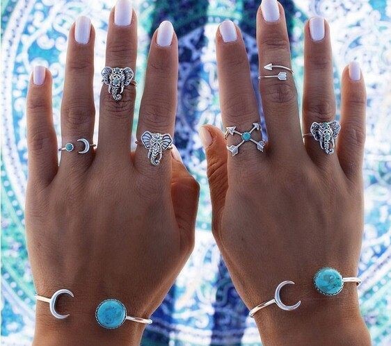 Turquoise Moon Arrow Elephant Joint Ring 6 Piece Set Ring Set