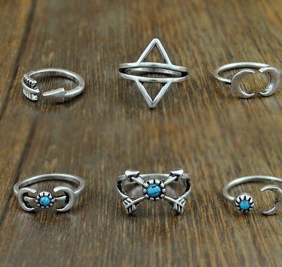 Turquoise Moon Arrow Elephant Joint Ring 6 Piece Set Ring Set