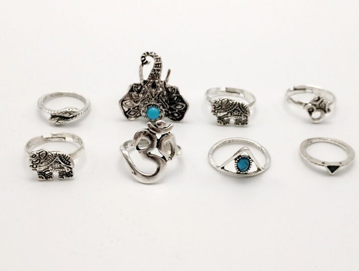 Turquoise Moon Arrow Elephant Joint Ring 6 Piece Set Ring Set