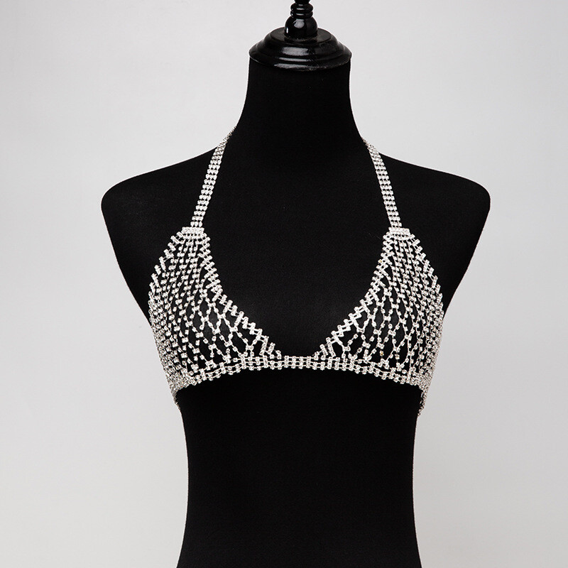 Mesh Bra Sexy Bikini Chest Chain Full Diamond Body Chain Underwear 2-piece Set