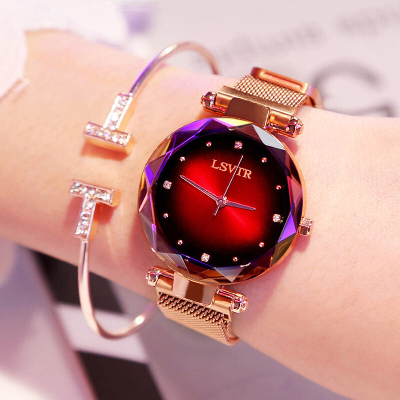 Rose Gold Women Watches Fashion Diamond Starry Sky Magnet Watch Waterproof Wristwatch