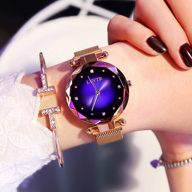Rose Gold Women Watches Fashion Diamond Starry Sky Magnet Watch Waterproof Wristwatch