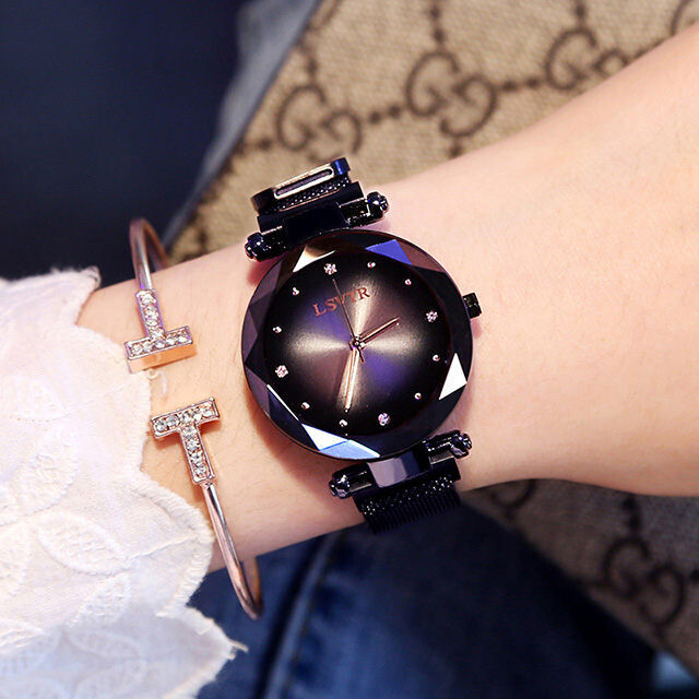 Rose Gold Women Watches Fashion Diamond Starry Sky Magnet Watch Waterproof Wristwatch