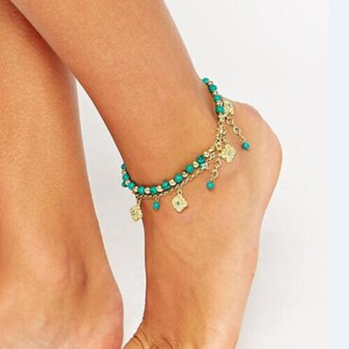 Turquoise Beaded Diamond Flower Plate Tassel Combination Anklet