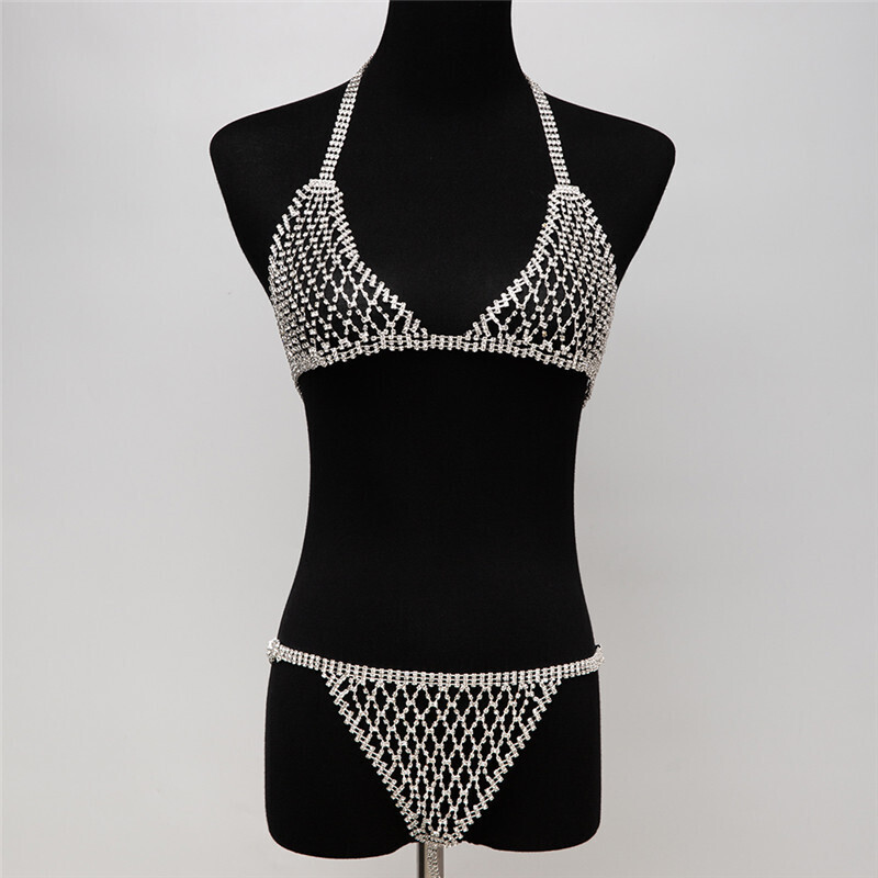 Mesh Bra Sexy Bikini Chest Chain Full Diamond Body Chain Underwear 2-piece Set