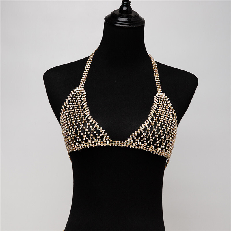Mesh Bra Sexy Bikini Chest Chain Full Diamond Body Chain Underwear 2-piece Set