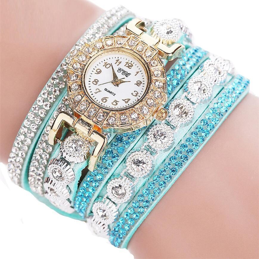 Relogio masculino PU Leather Rhinestone Watch Bracelet 