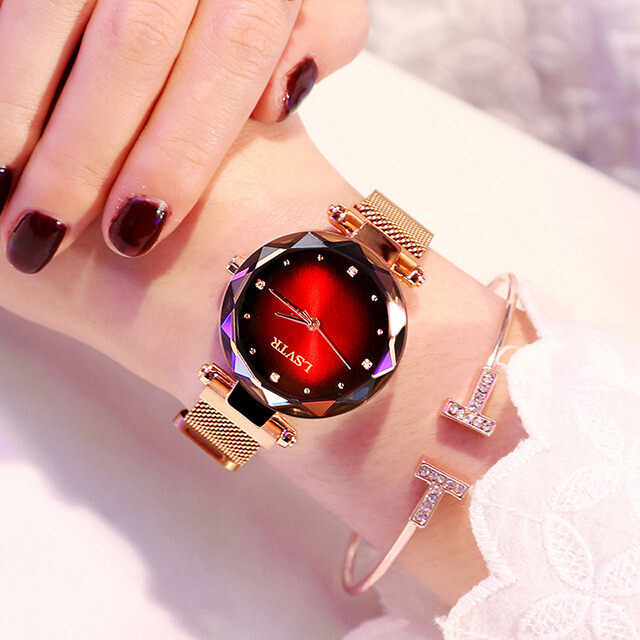 Rose Gold Women Watches Fashion Diamond Starry Sky Magnet Watch Waterproof Wristwatch