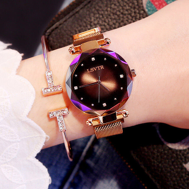 Rose Gold Women Watches Fashion Diamond Starry Sky Magnet Watch Waterproof Wristwatch, Color: Brown