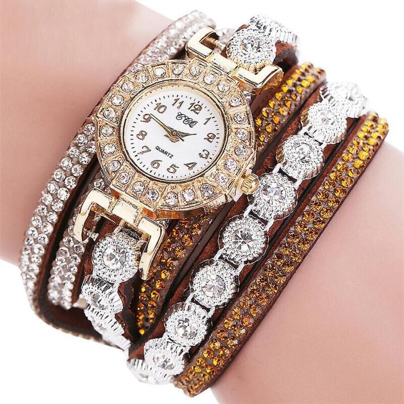 Relogio masculino PU Leather Rhinestone Watch Bracelet 