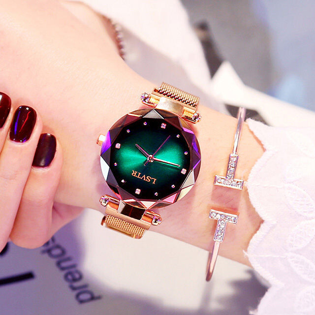Rose Gold Women Watches Fashion Diamond Starry Sky Magnet Watch Waterproof Wristwatch