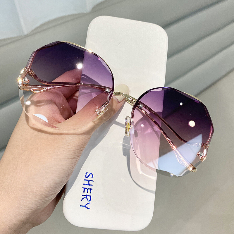 Frameless Crystal Cut Edge Polygonal Glasses UV Protection Sunglasses Ladies Retro Tide 