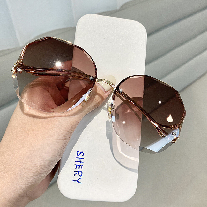 Frameless Crystal Cut Edge Polygonal Glasses UV Protection Sunglasses Ladies Retro Tide 