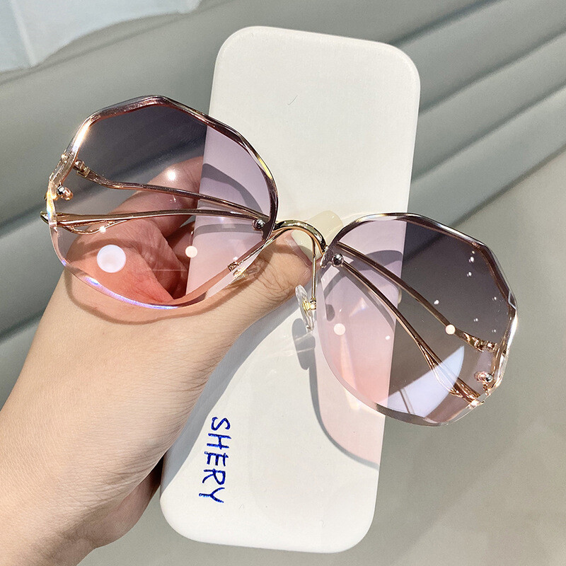Frameless Crystal Cut Edge Polygonal Glasses UV Protection Sunglasses Ladies Retro Tide 