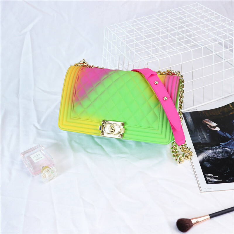 New Female Bag Small Fragrant Style Rhomboid Shoulder Chain Bag Gradient Color PVC Frosted Jelly Bag
