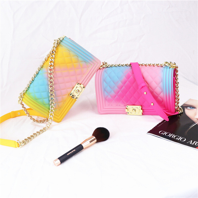 New Female Bag Small Fragrant Style Rhomboid Shoulder Chain Bag Gradient Color PVC Frosted Jelly Bag
