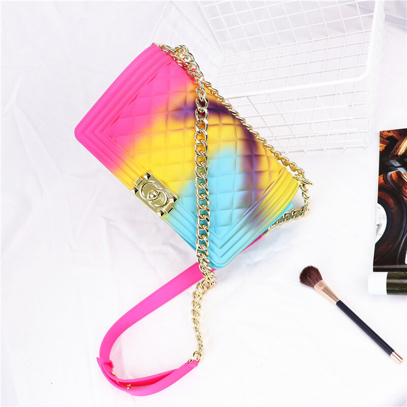 New Female Bag Small Fragrant Style Rhomboid Shoulder Chain Bag Gradient Color PVC Frosted Jelly Bag