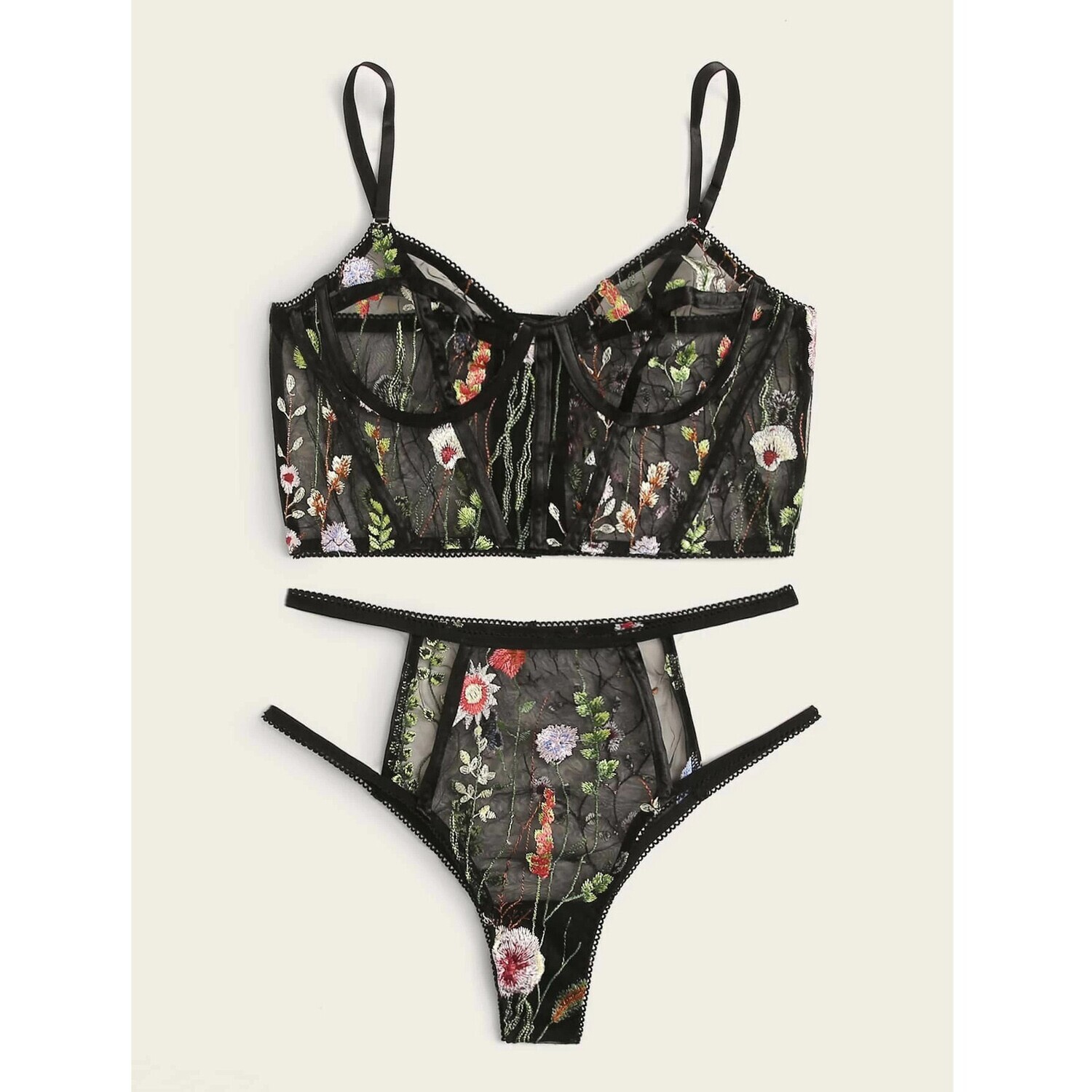 Sexy mesh lingerie set with flower embroidery 