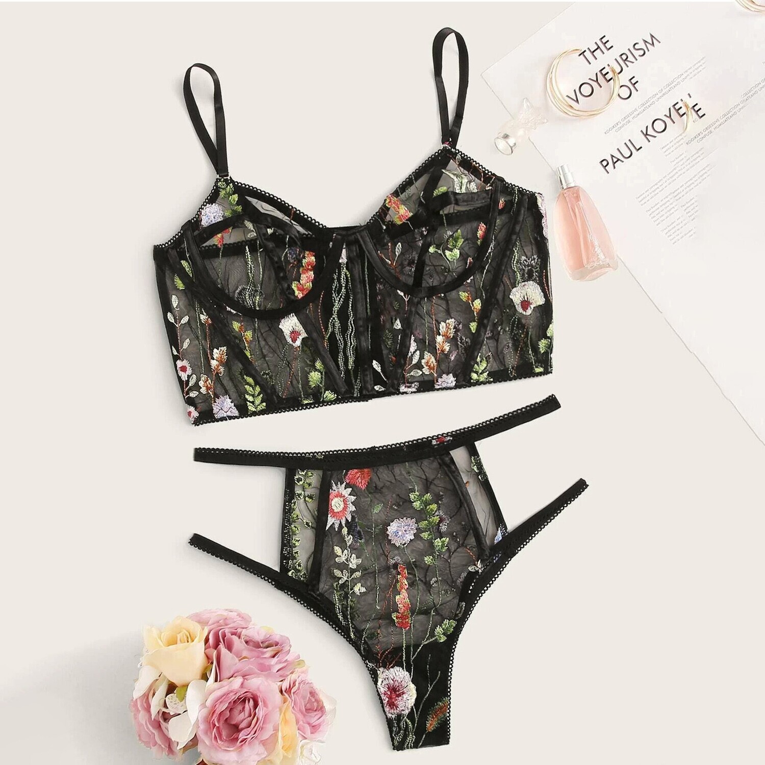 Sexy mesh lingerie set with flower embroidery 