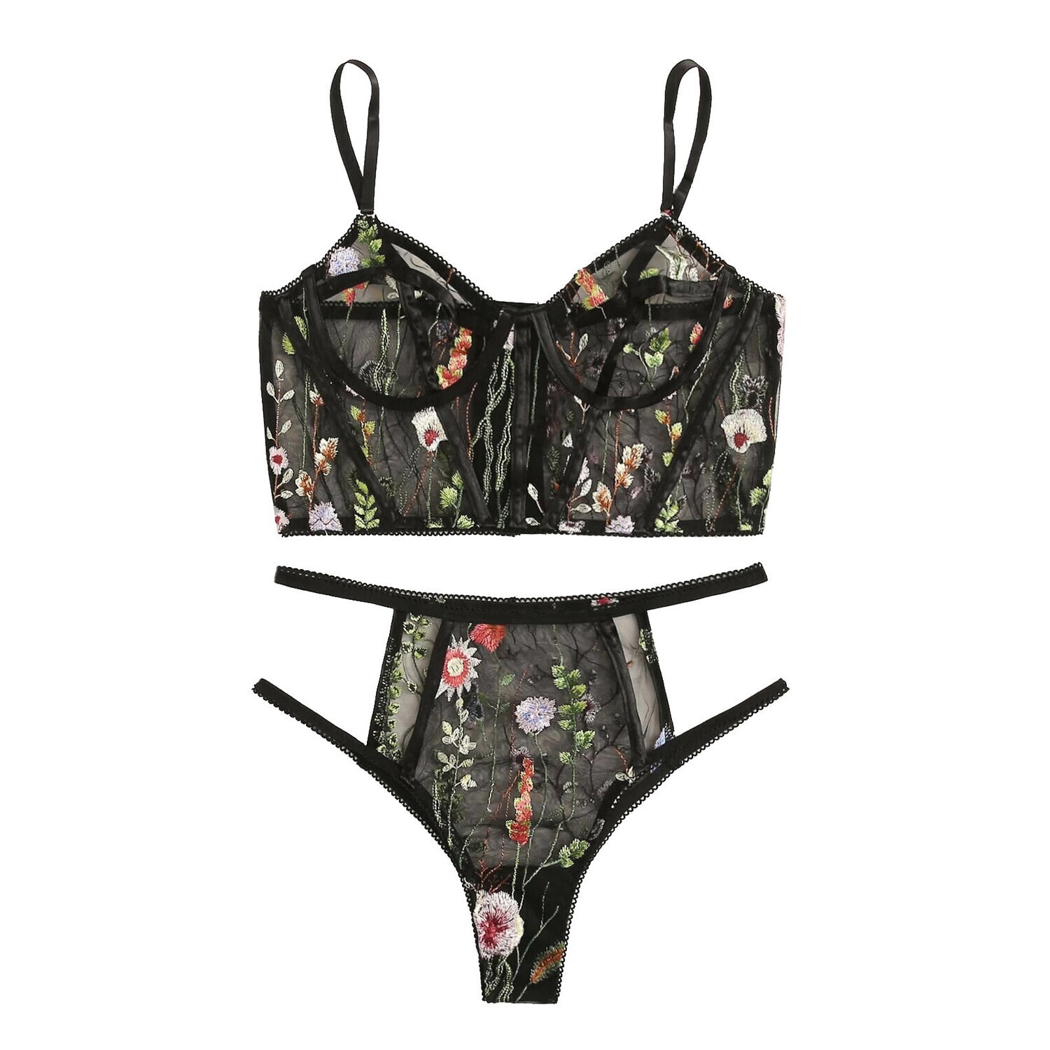 Sexy mesh lingerie set with flower embroidery 