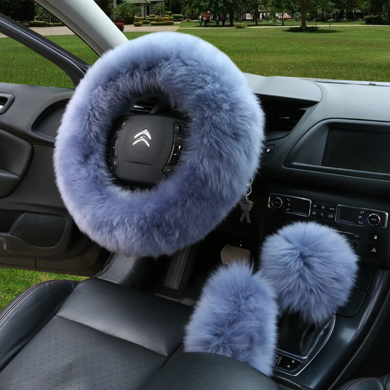 Faux fur car Steering Wheel Cover Winter Grip Cover Handbrake Cover Gear Cover Three-piece Cover