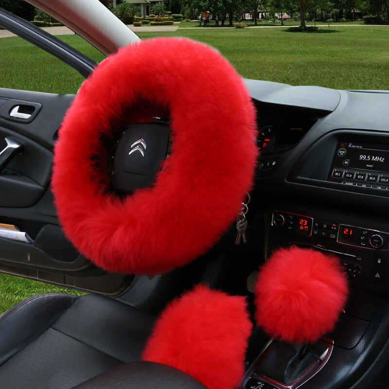 Faux fur car Steering Wheel Cover Winter Grip Cover Handbrake Cover Gear Cover Three-piece Cover