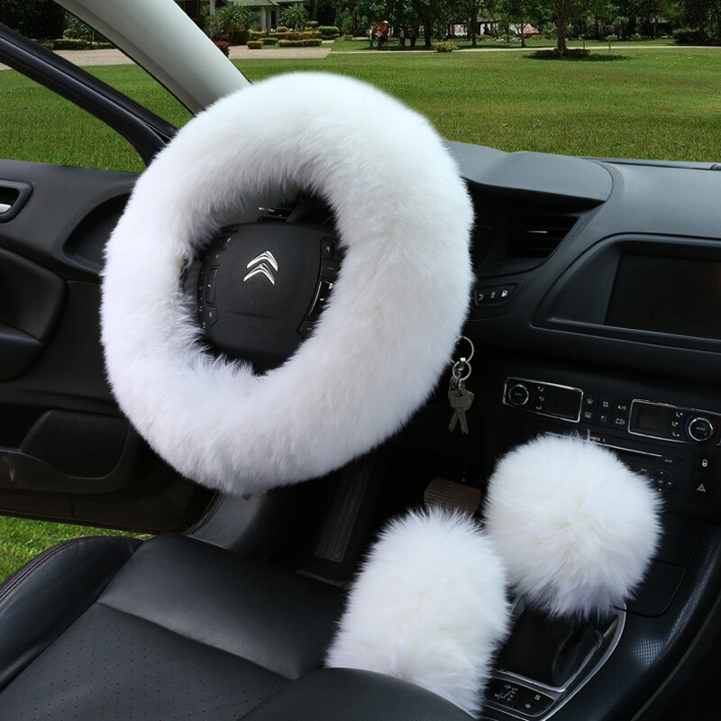 Faux fur car Steering Wheel Cover Winter Grip Cover Handbrake Cover Gear Cover Three-piece Cover