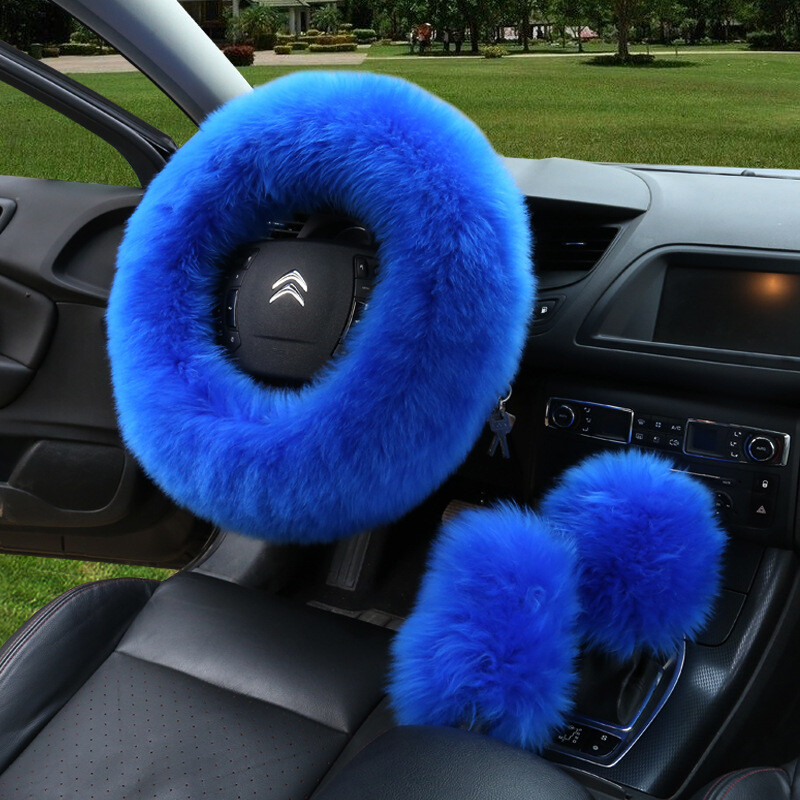 Faux fur car Steering Wheel Cover Winter Grip Cover Handbrake Cover Gear Cover Three-piece Cover