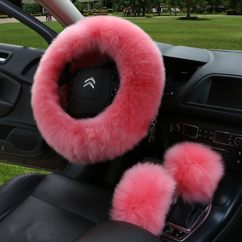Faux fur car Steering Wheel Cover Winter Grip Cover Handbrake Cover Gear Cover Three-piece Cover