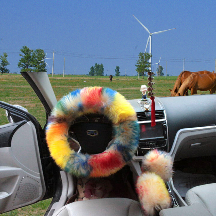 Faux fur car Steering Wheel Cover Winter Grip Cover Handbrake Cover Gear Cover Three-piece Cover