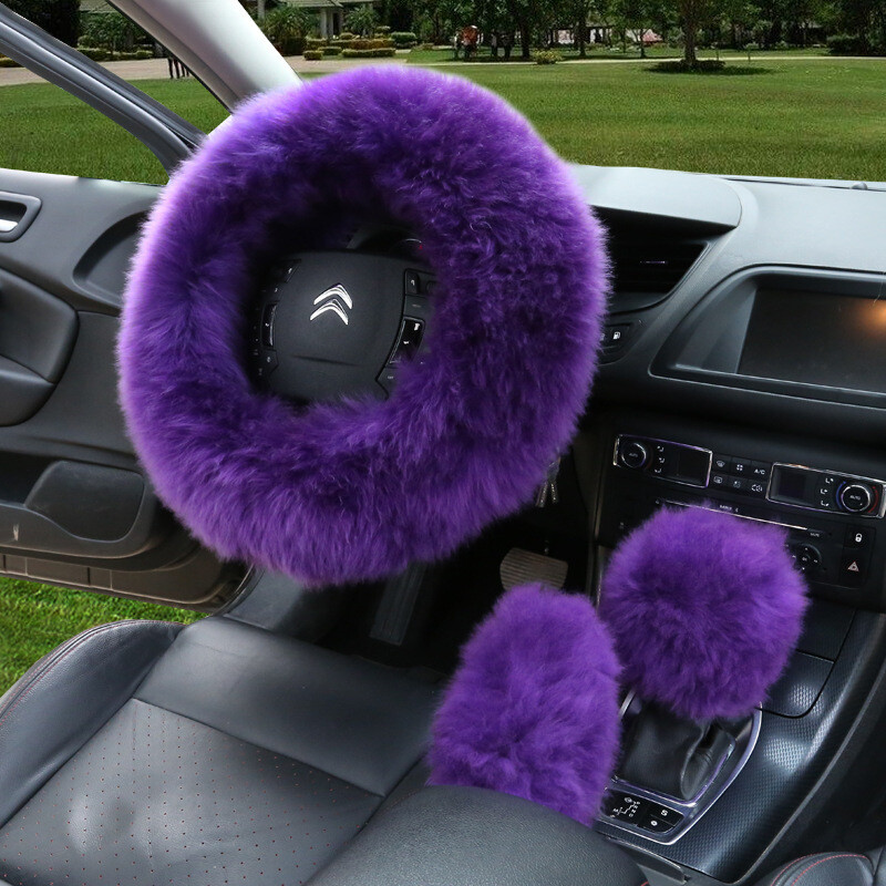 Faux fur car Steering Wheel Cover Winter Grip Cover Handbrake Cover Gear Cover Three-piece Cover