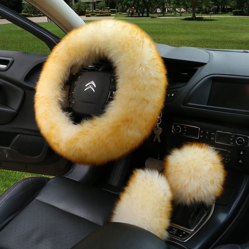Faux fur car Steering Wheel Cover Winter Grip Cover Handbrake Cover Gear Cover Three-piece Cover, Color: Golden hair tip three-piece suit, Adapted steering wheel diameter: 38cm